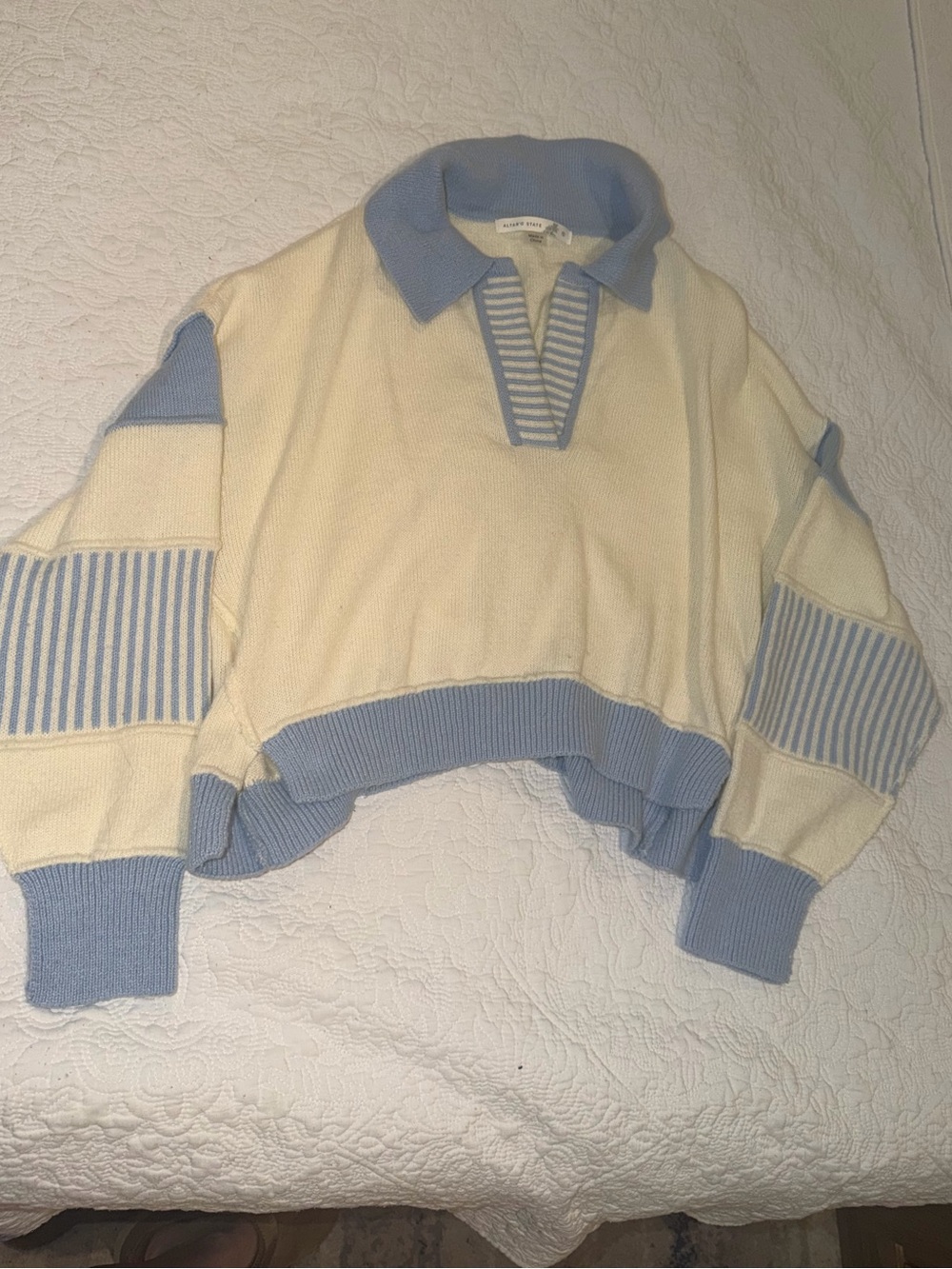 Altar'd State Cream and Light Blue V-Neck Collared Knit Sweater
